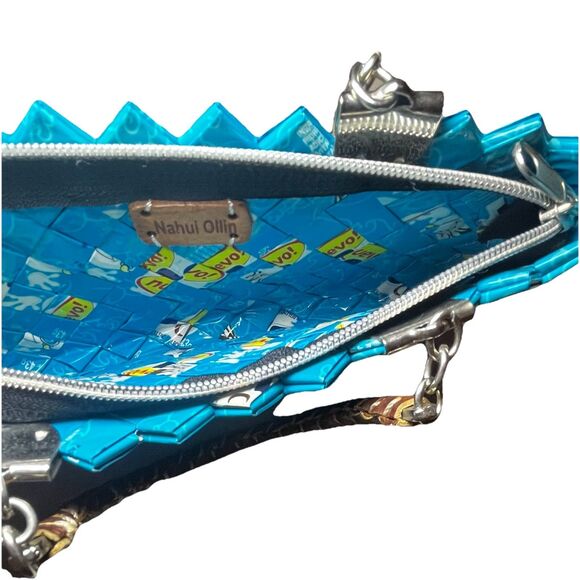 Nahui Ollin Candy Wrapper Hand Bag Teal Hand Made Woven Zipper Upcycle Recycle - Picture 4 of 8